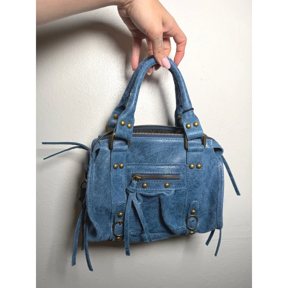 Gave Lux Le City Mini Blue Leather Satchel Handbag Made in Italy Crossbody